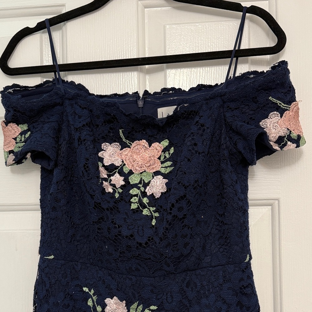 Nicole Miller Navy and Pink Floral Lace Midi Dress - Picture 3 of 3